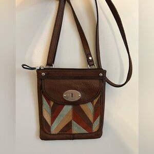 Fossil Maddox Crossbody Chevron Patchwork Brown Leather Shoulder Bag Vintage